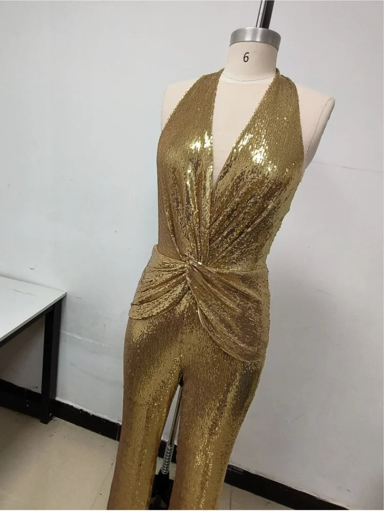 Gold Sequin Boot Cut Jumpsuit VestiVogue