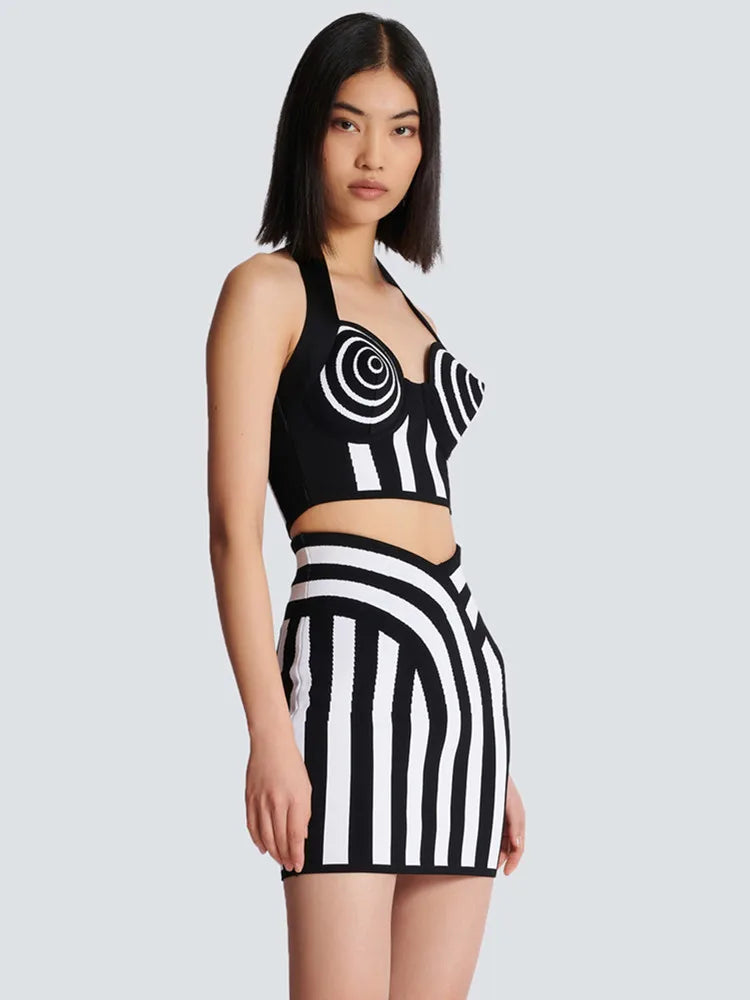 Chic Backless Halter Striped Mini Skirt Set VestiVogue