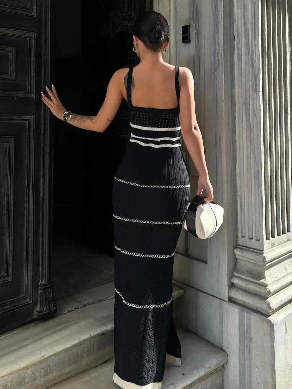 Chic Striped Knit Crochet V-Neck Midi Dress VestiVogue