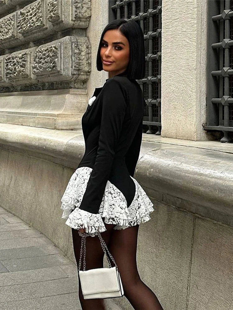 Ruffle Tiered Bodysuit with Deep V-Neck and Full Sleeves VestiVogue