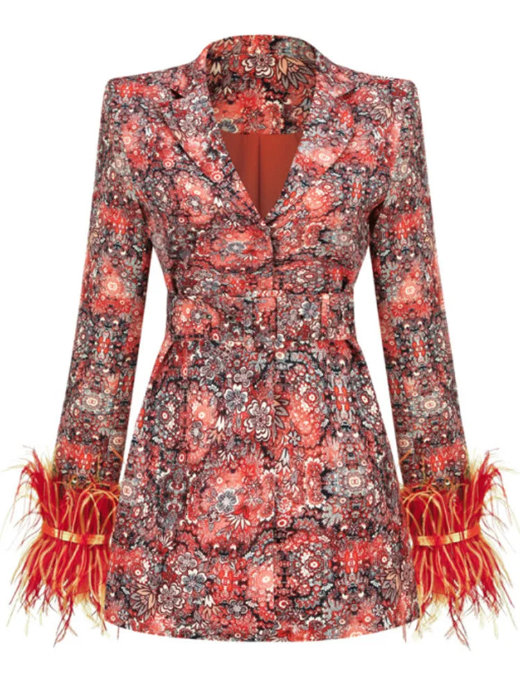 Women's Winter Floral Blazer Dress with Ostrich Feather Trim VestiVogue  