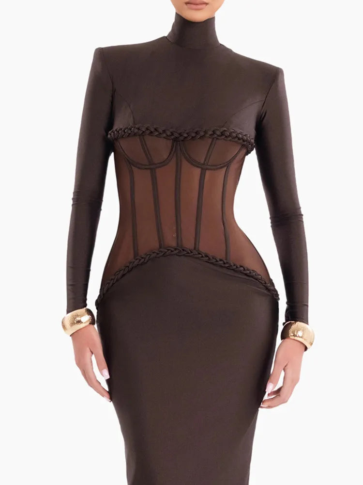 Elegant Brown Bodycon Maxi Gown with Turtleneck and Full Sleeves VestiVogue
