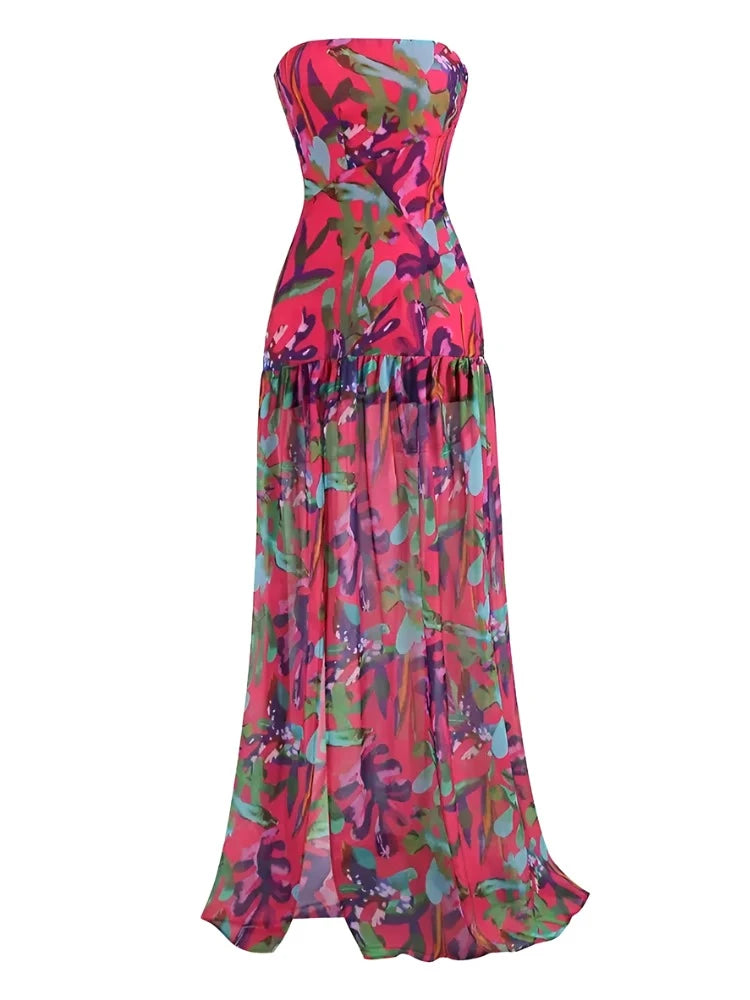 Strapless Print Purple Split Maxi Dress VestiVogue  