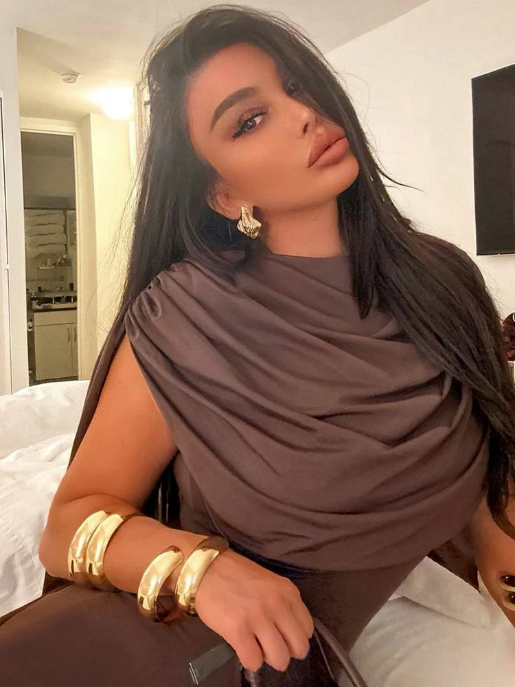 Flattering Pleated Mini Dress with Unique Swinging Neckline VestiVogue