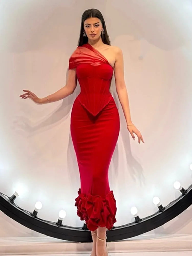 One-Shoulder Red Mermaid Two-Piece Mesh Set VestiVogue