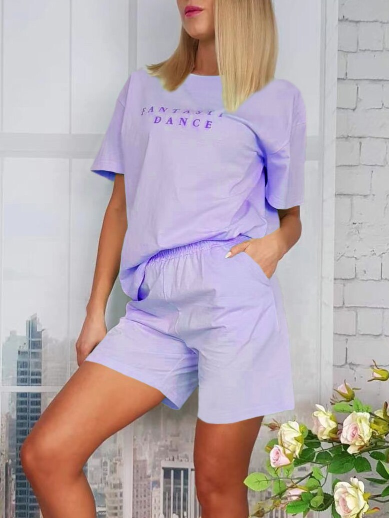 FlexFit Casual Summer T-shirt and Shorts Set for Women Chic Gym Wear Purple S